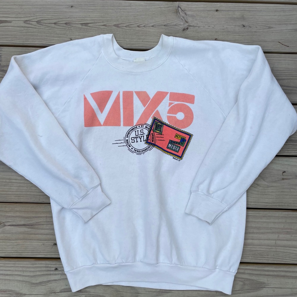 Vintage Action Sportswear Mix 5 White Graphic Crewneck XL U.S. Style Postcard